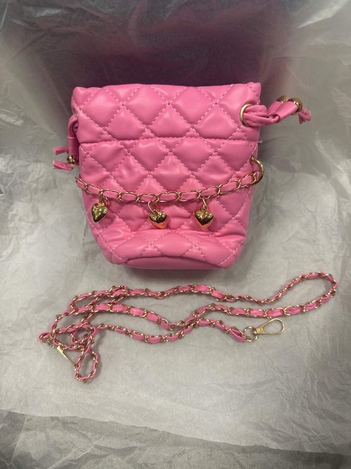 Pink Quilted Bucket Bag With Heart Charms
