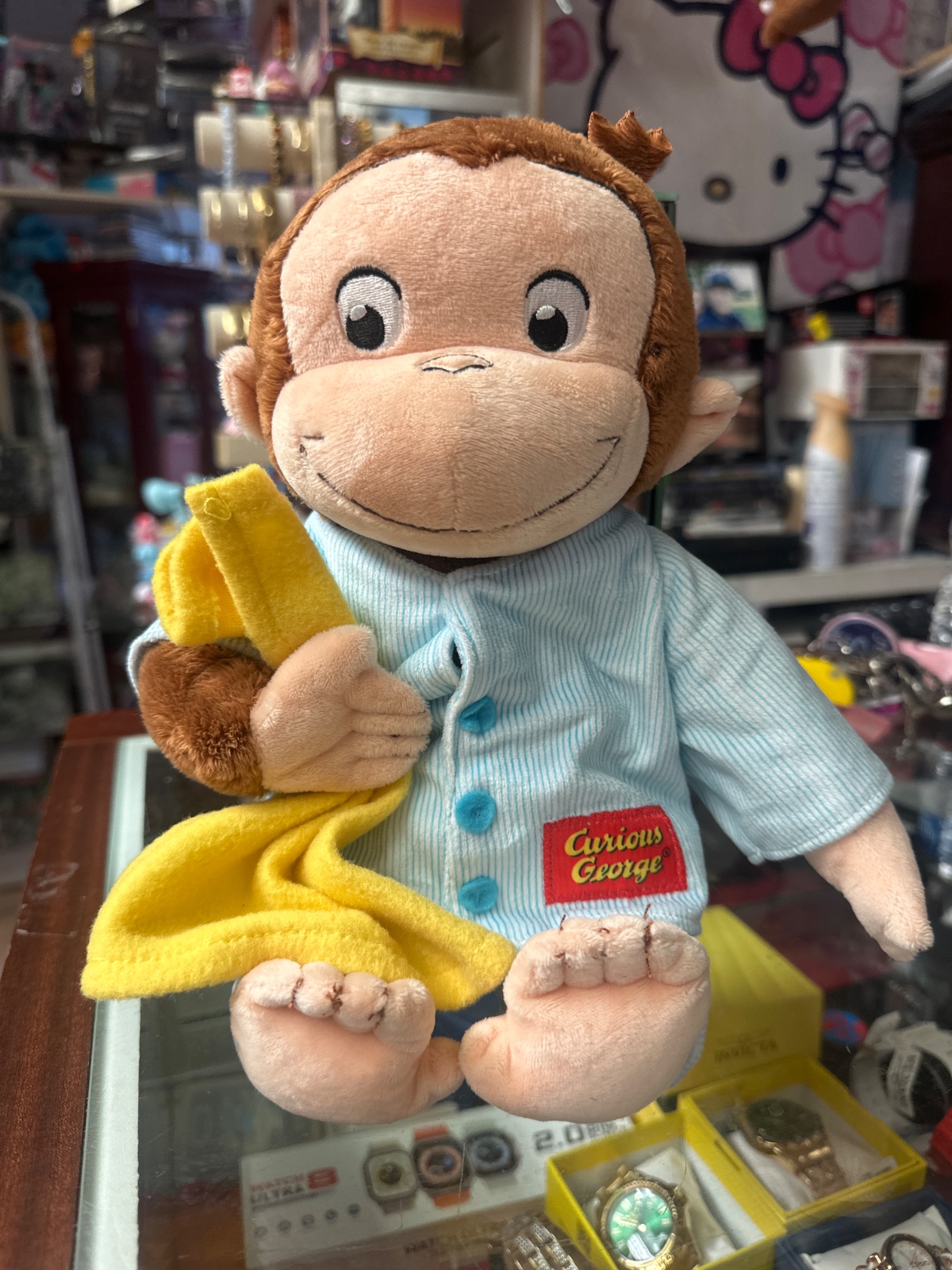 Curious George Plush in Blue Striped Pajamas with Banana