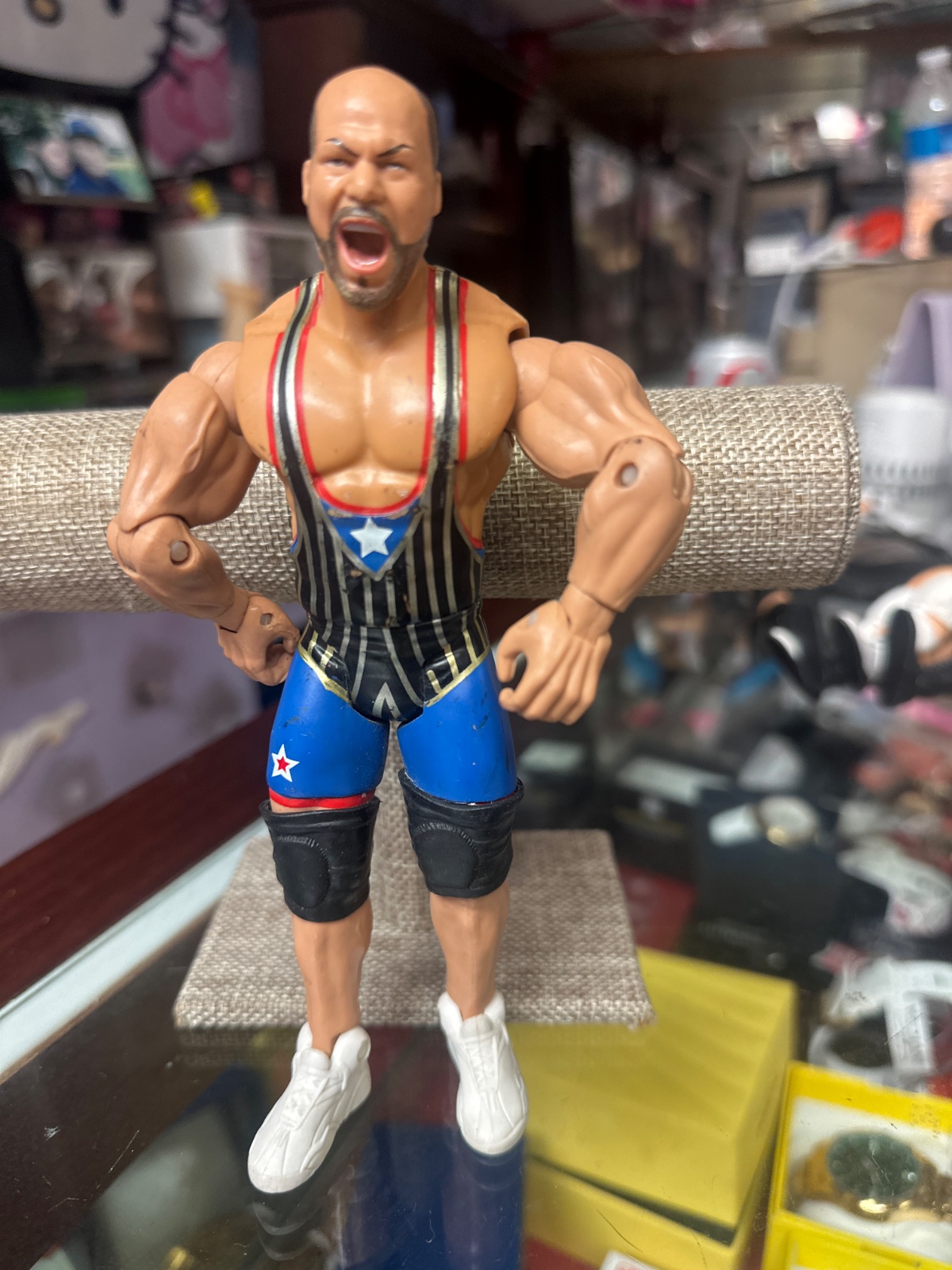 WWE Wrestling Figure Blue/Black Star Singlet Bald Wrestler