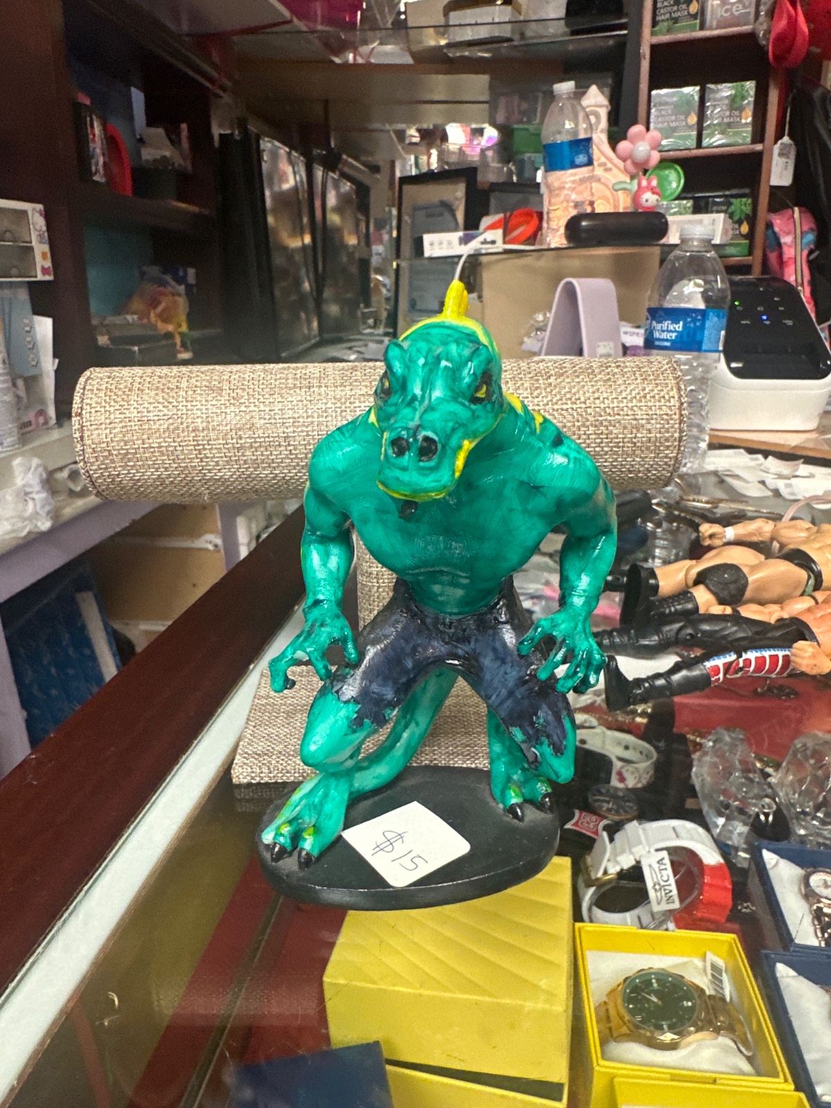 Hand-Painted Green Reptilian Monster Figure on Stand