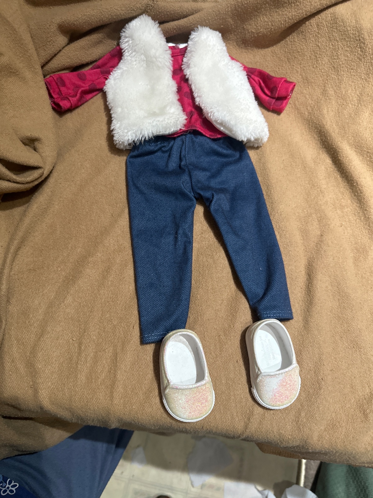 American Girl Doll Outfit Pink Polka Dot Top Fur Vest Jeans Shoes