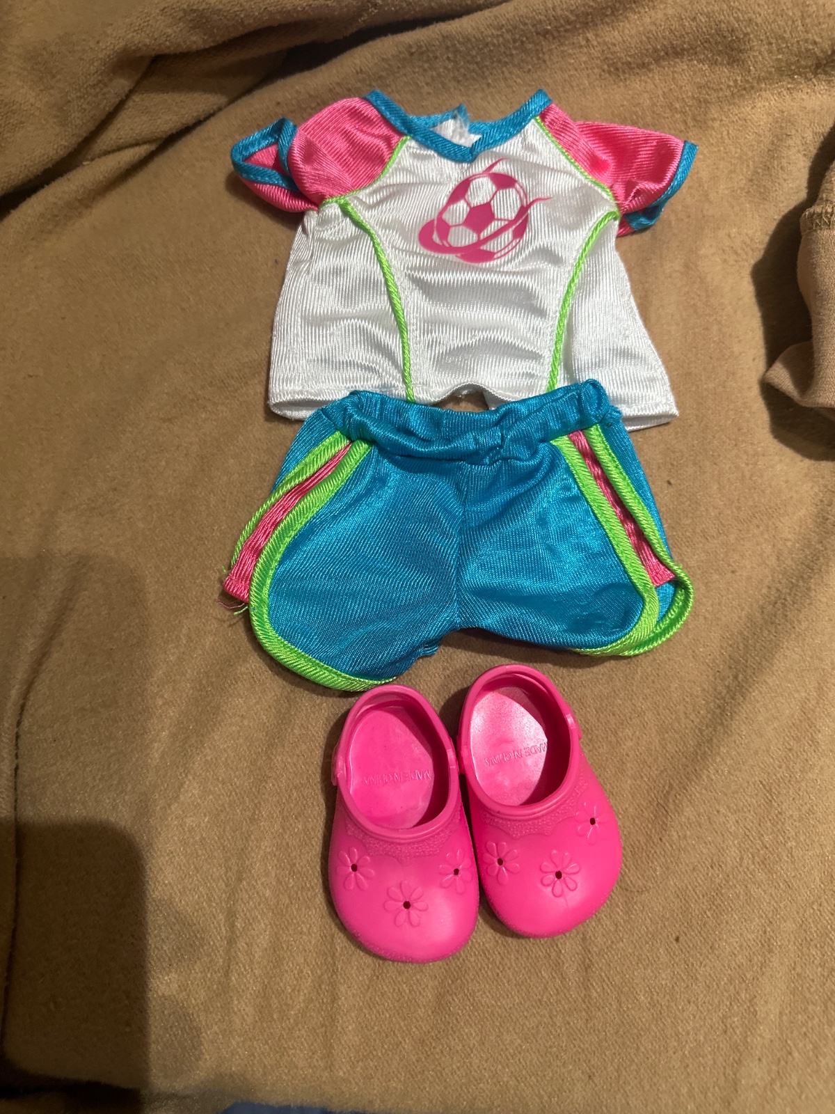 Doll Soccer Outfit with Pink Clog Shoes, 3-Piece Set