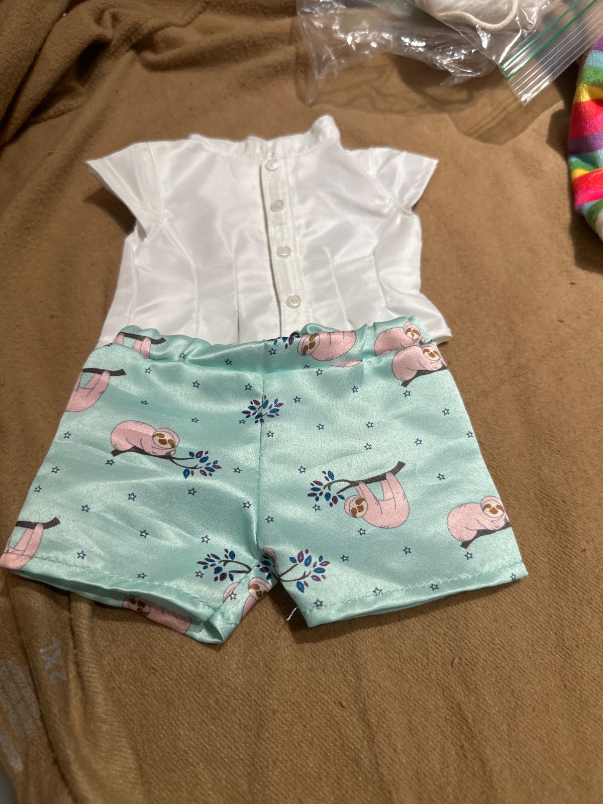 Doll Outfit White Satin Top & Mint Sloth Print Shorts