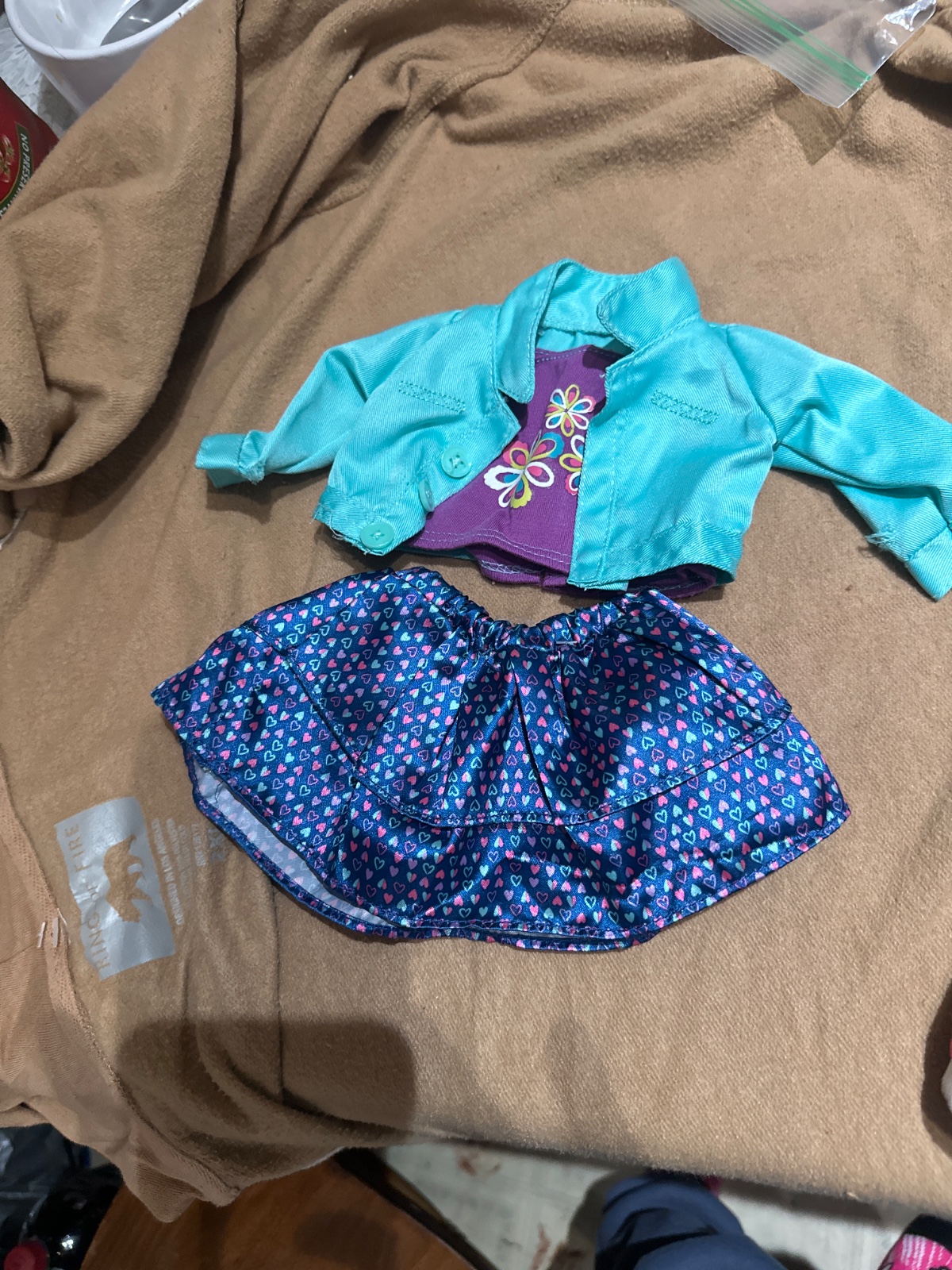 Doll Outfit Set - Teal Jacket, Purple Floral Top, Heart Skirt